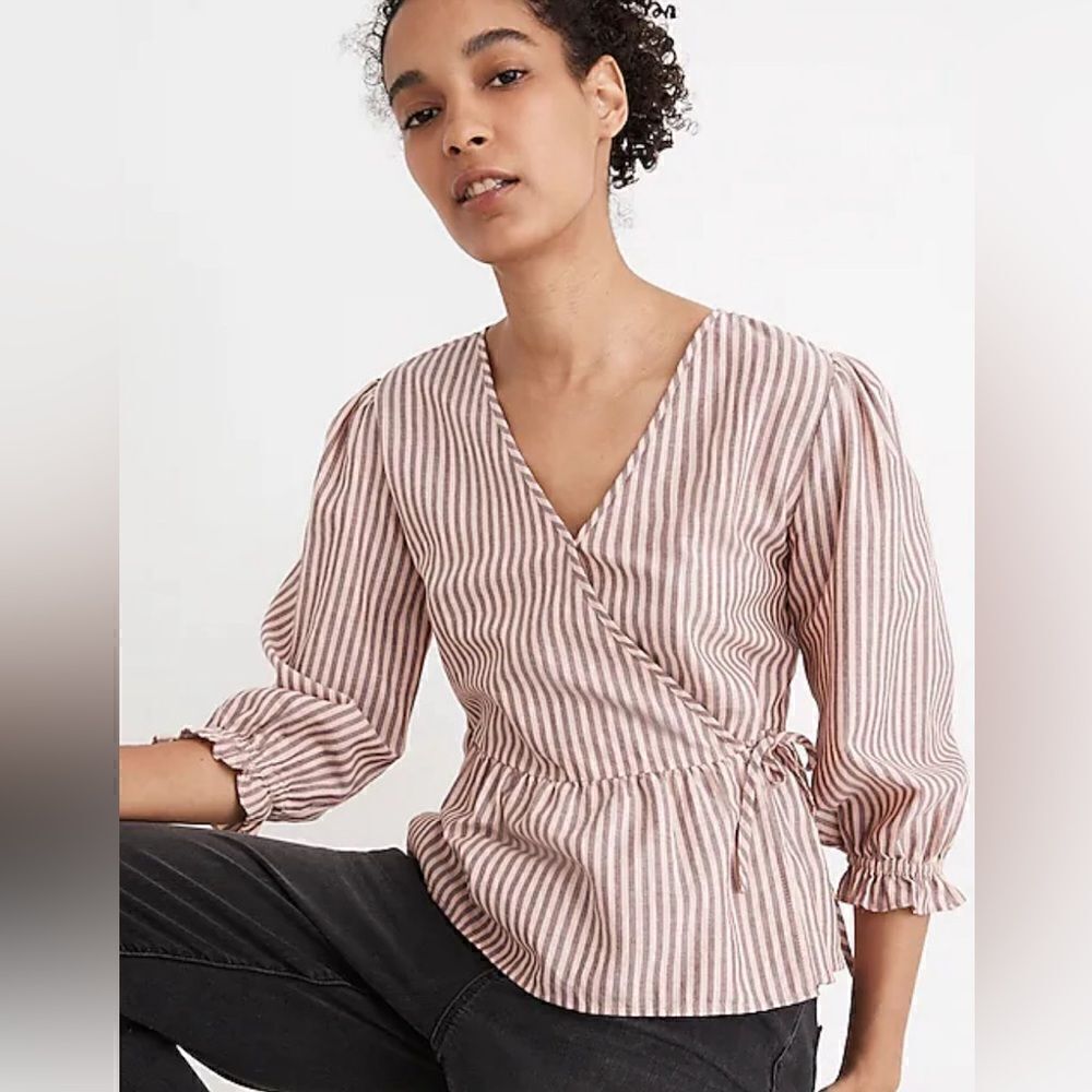 Madewell puff sleeve peplum wrap top stripe sweet tulip